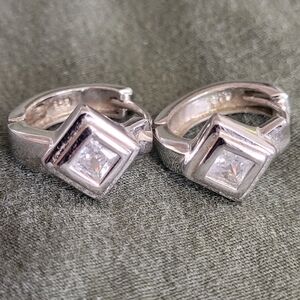 Sterling Silver Square CZ Huggie Hoop Earrings - Silver
